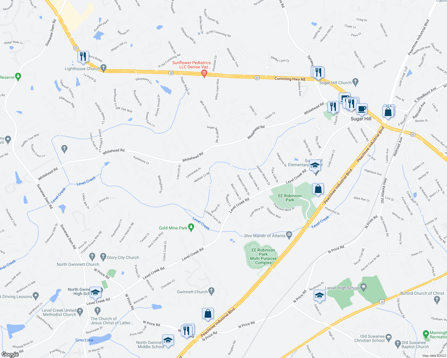 map of restaurants, bars, coffee shops, grocery stores, and more near 5119 Shelley Lane in Sugar Hill