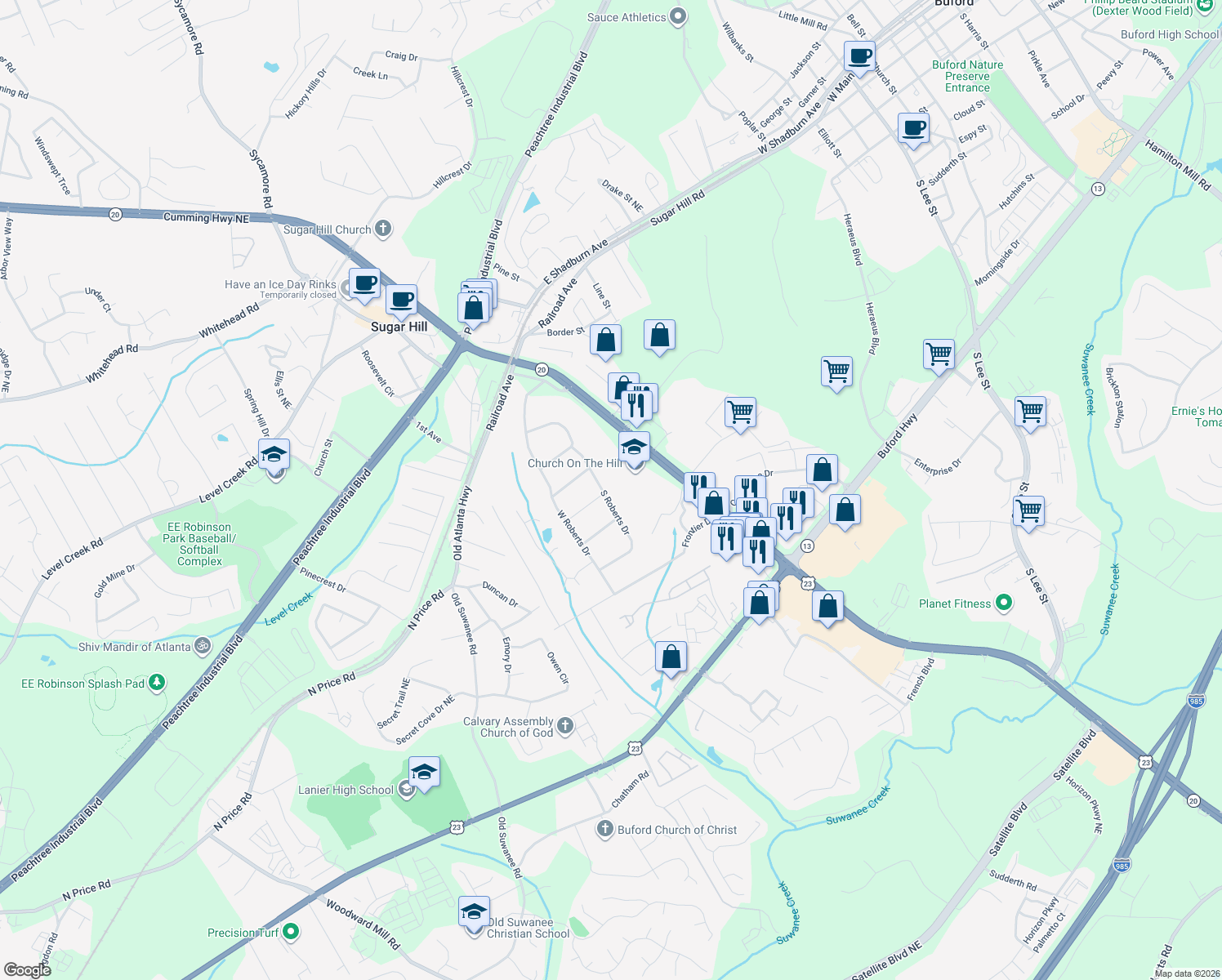 map of restaurants, bars, coffee shops, grocery stores, and more near 4571 S Roberts Dr in Sugar Hill