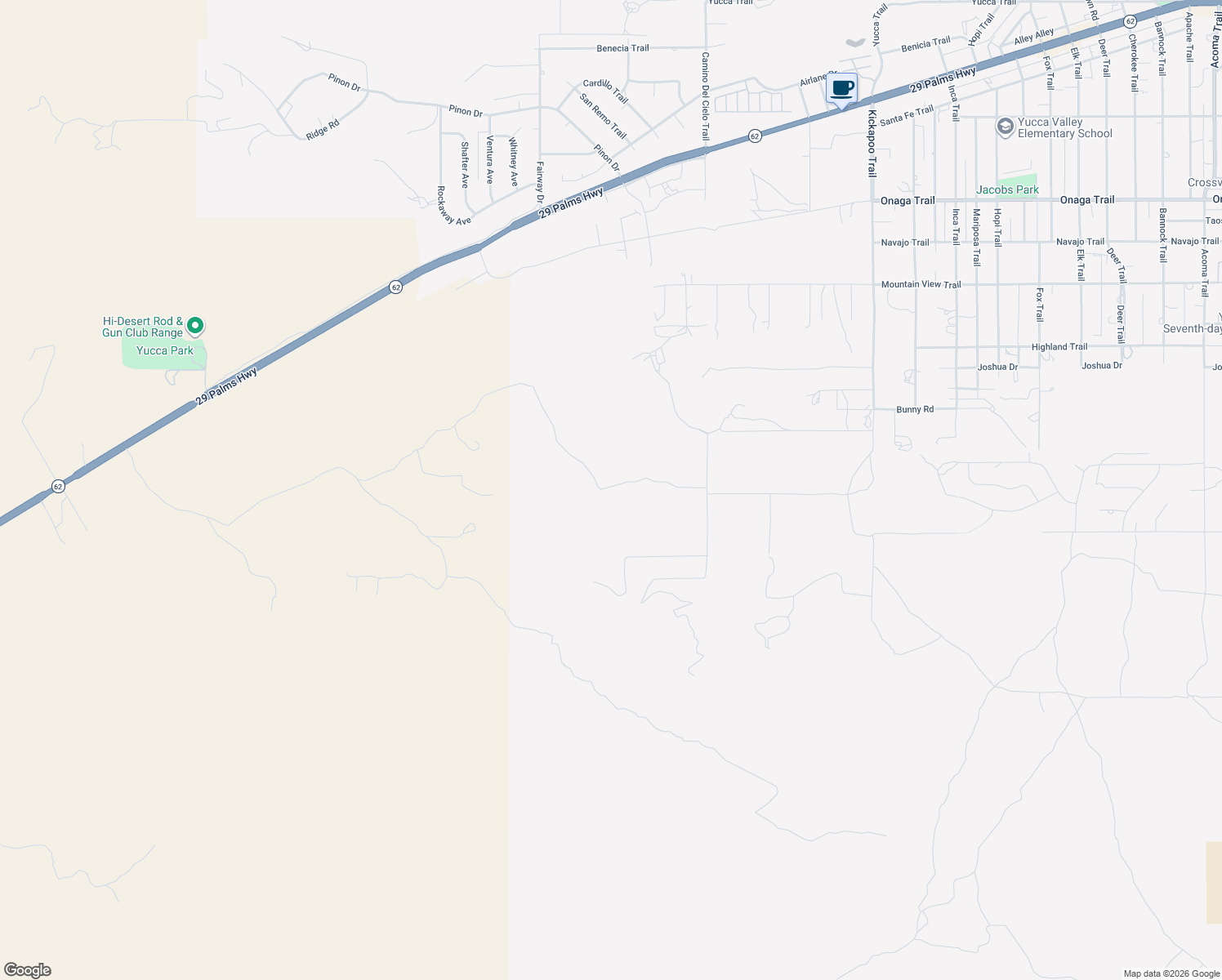 map of restaurants, bars, coffee shops, grocery stores, and more near 54664 Hoopa Trail in Yucca Valley