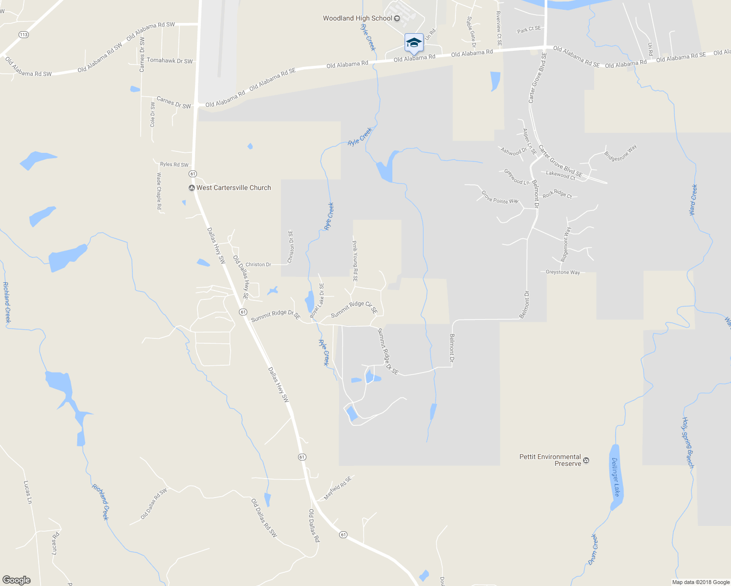 map of restaurants, bars, coffee shops, grocery stores, and more near 22 Sweet Eloise Lane Southeast in Cartersville