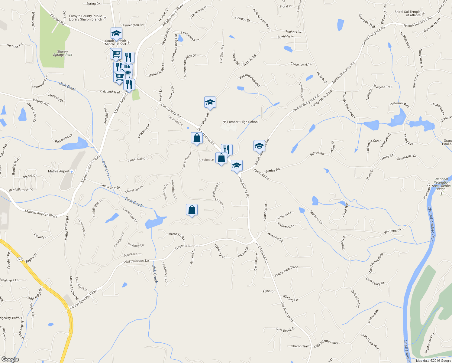 map of restaurants, bars, coffee shops, grocery stores, and more near 10040 Halstead Dr in Suwanee