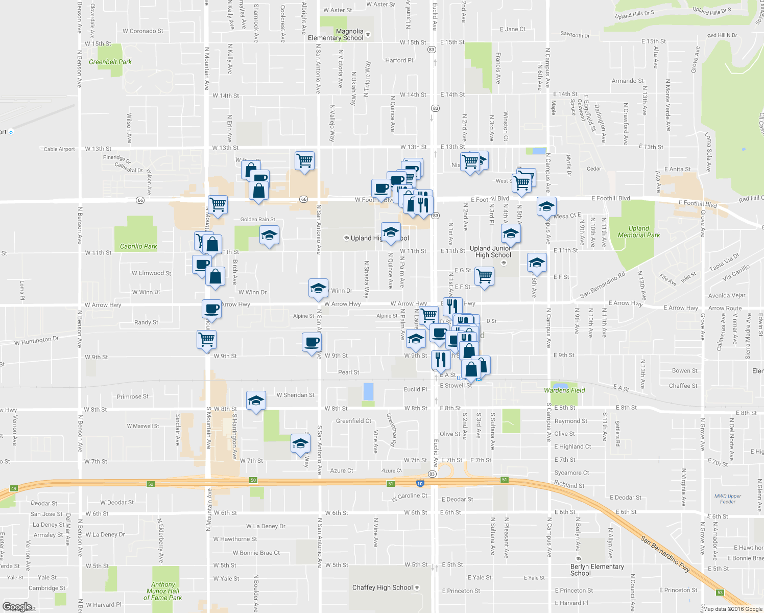 map of restaurants, bars, coffee shops, grocery stores, and more near 344 West Arrow Highway in Upland