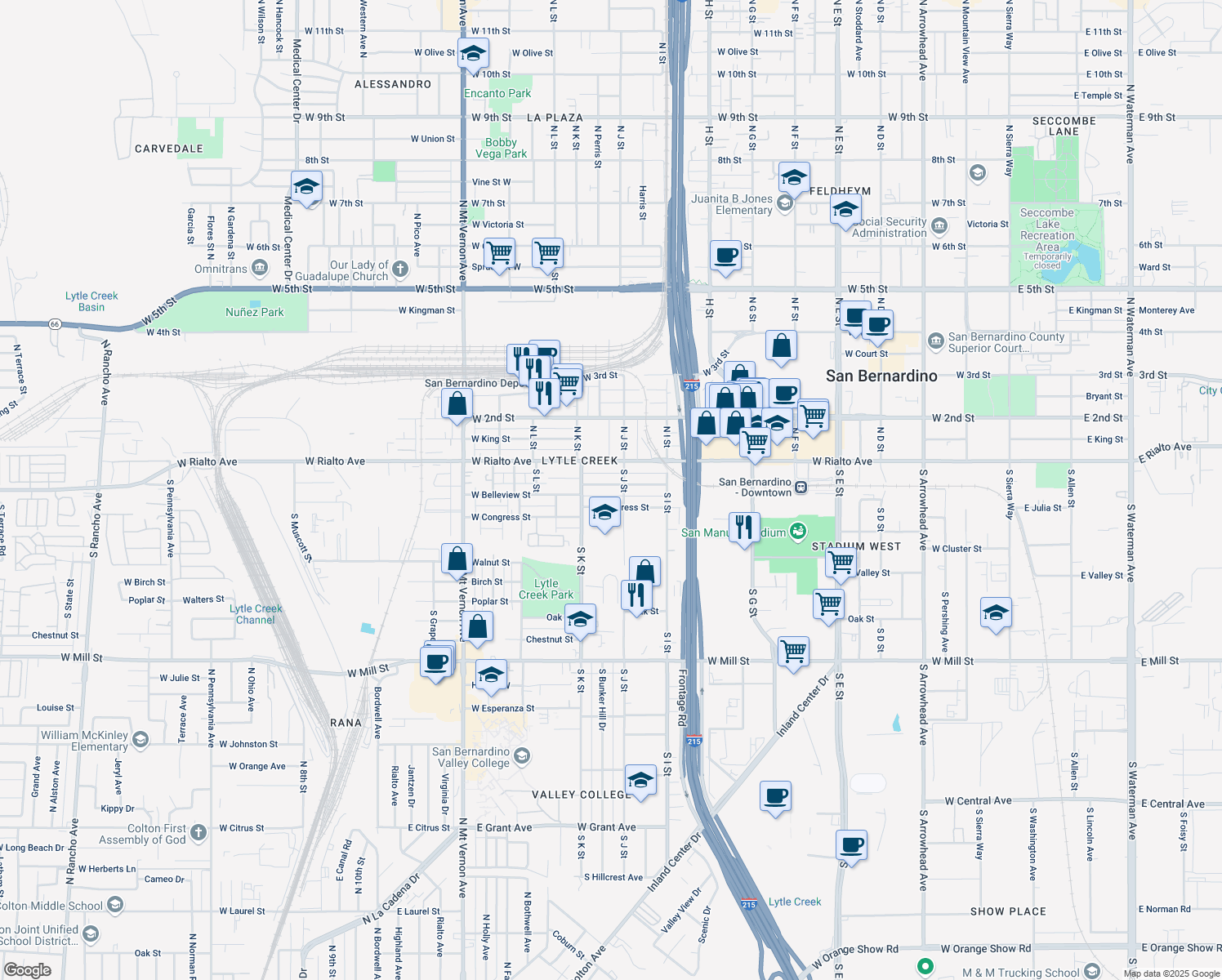 map of restaurants, bars, coffee shops, grocery stores, and more near 1031 West Belleview Street in San Bernardino
