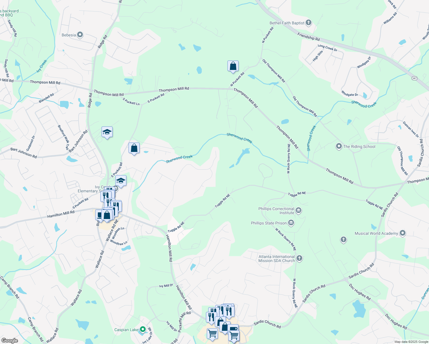 map of restaurants, bars, coffee shops, grocery stores, and more near 3477 Haddon Hall Court in Buford