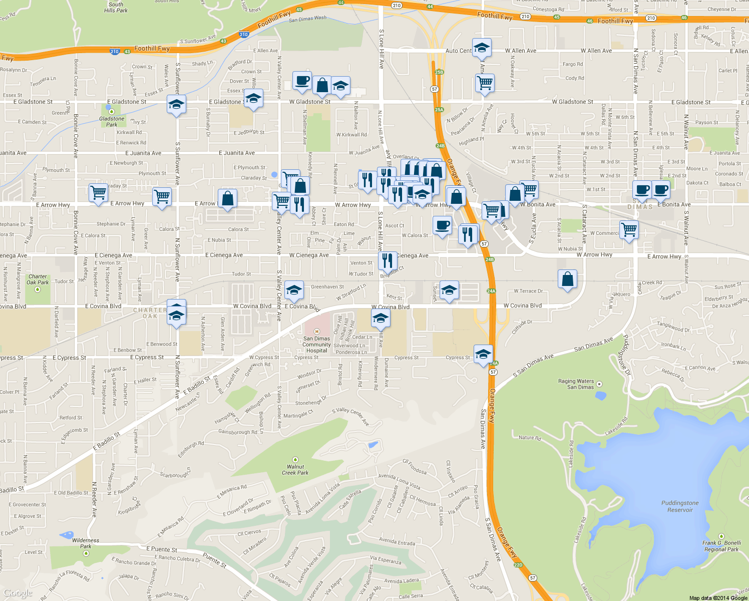 map of restaurants, bars, coffee shops, grocery stores, and more near 1111 W Covina Blvd in San Dimas