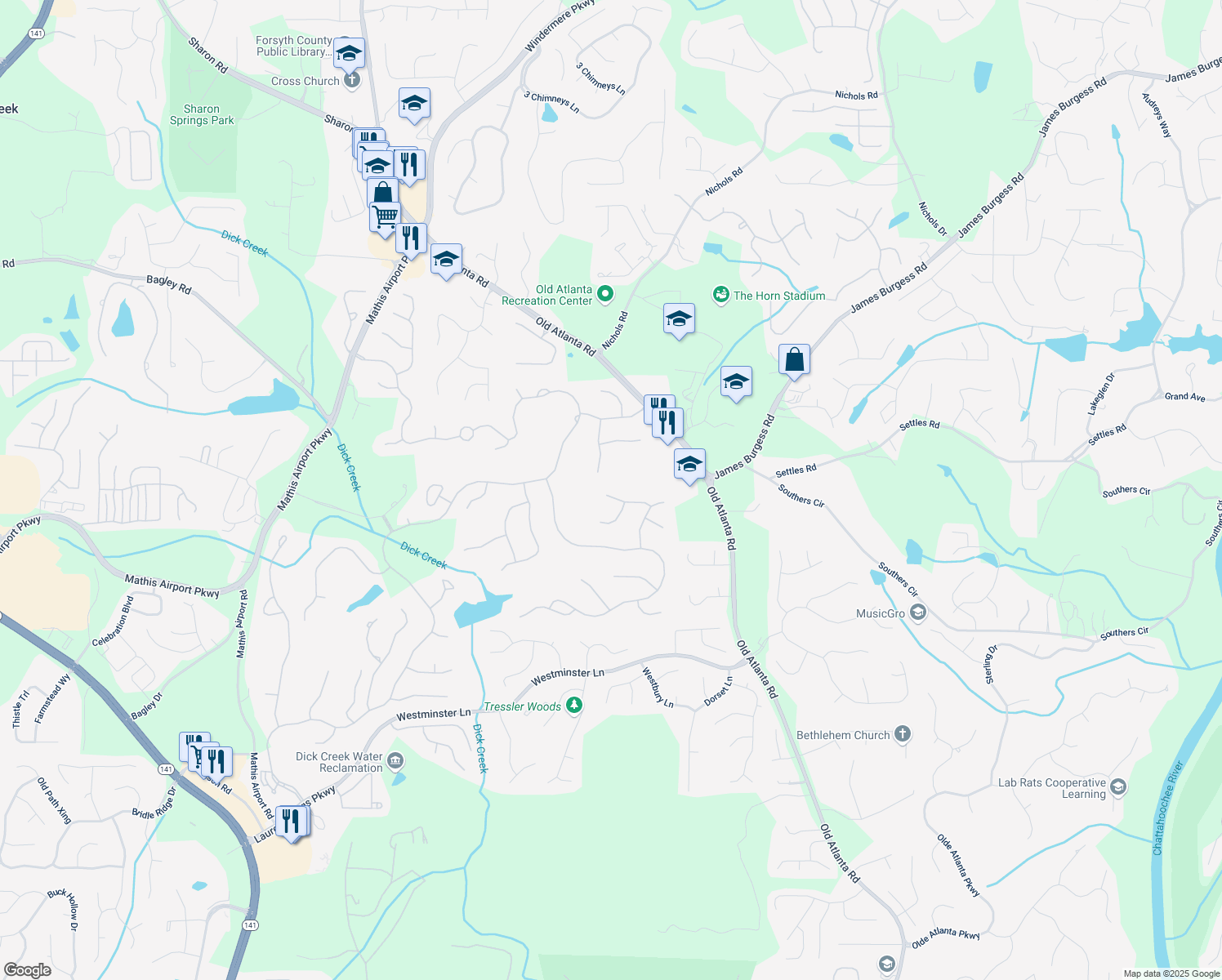 map of restaurants, bars, coffee shops, grocery stores, and more near 11020 Bradford Lane in Suwanee