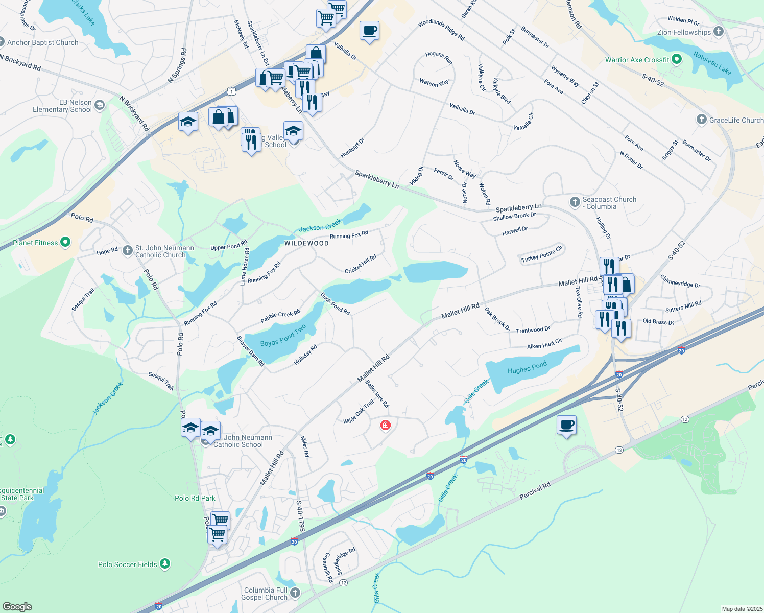 map of restaurants, bars, coffee shops, grocery stores, and more near 120 Dibble Lane in Columbia