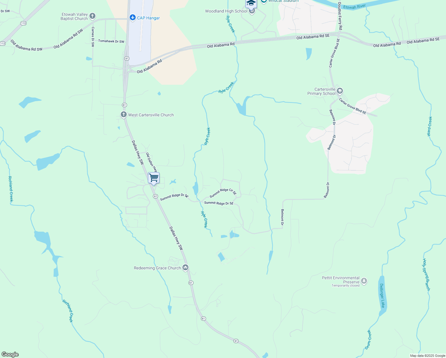 map of restaurants, bars, coffee shops, grocery stores, and more near 0 Pmb Young Road Southeast in Cartersville