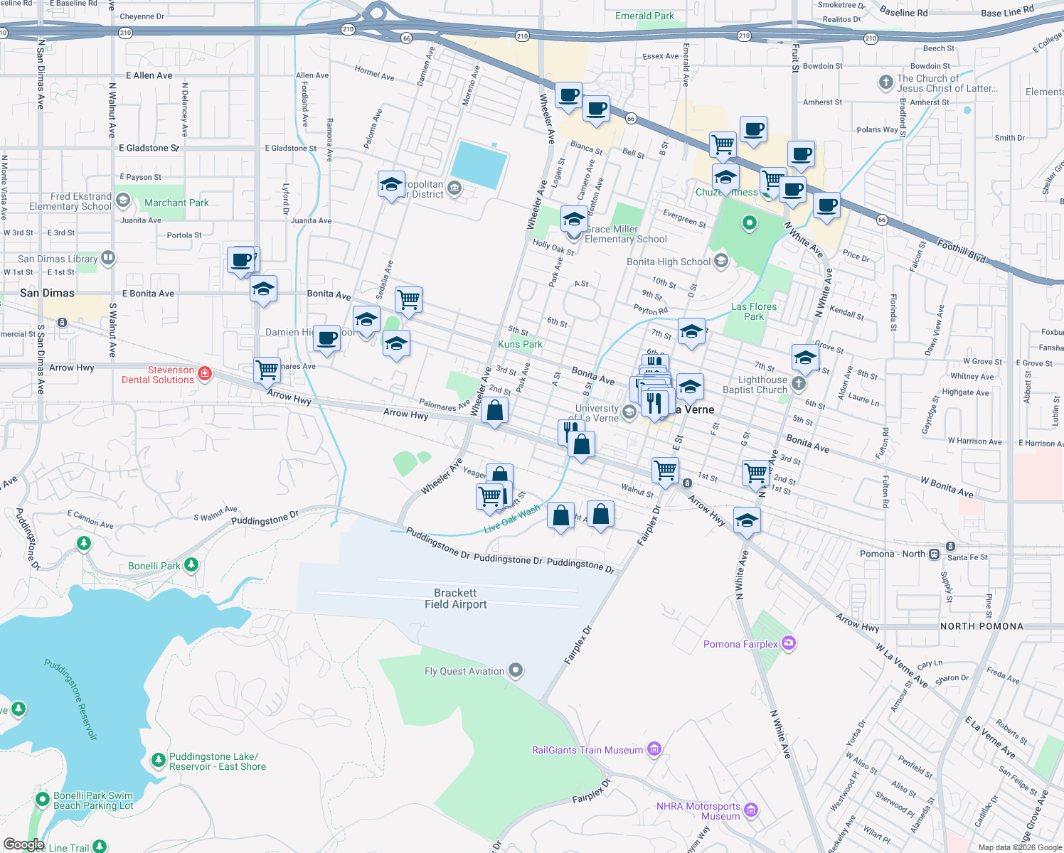 map of restaurants, bars, coffee shops, grocery stores, and more near 1766 1st St in La Verne