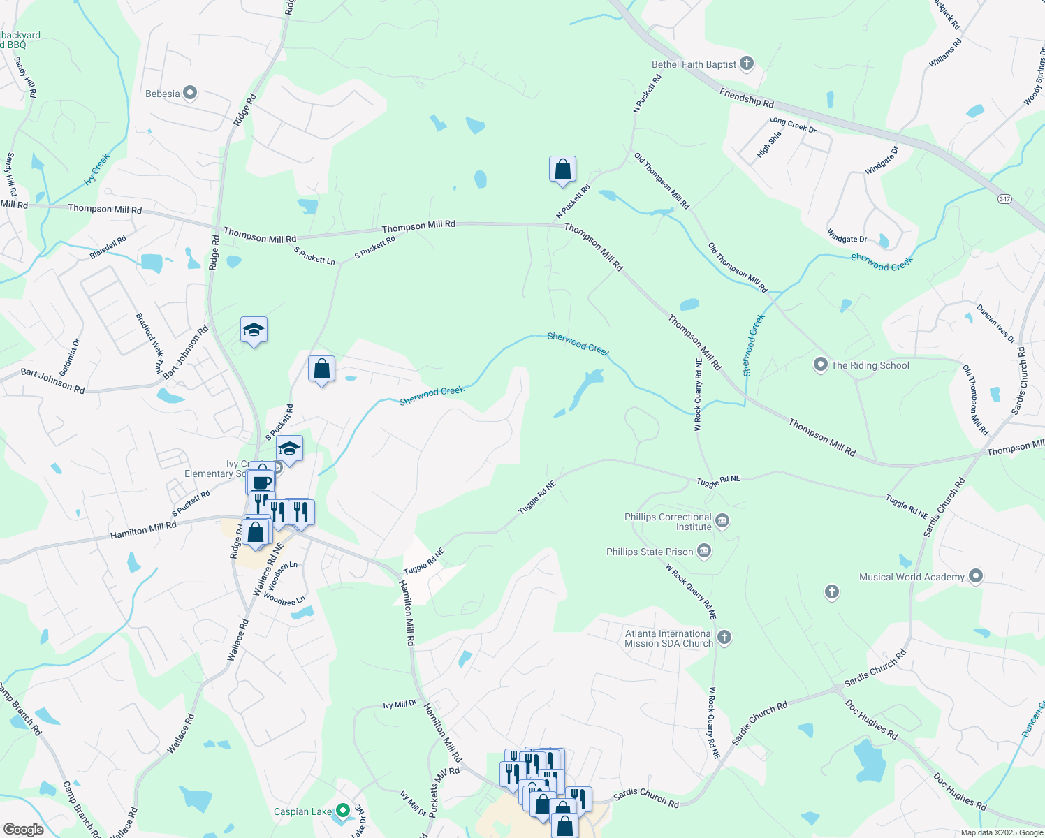map of restaurants, bars, coffee shops, grocery stores, and more near 3477 Haddon Hall Court in Buford