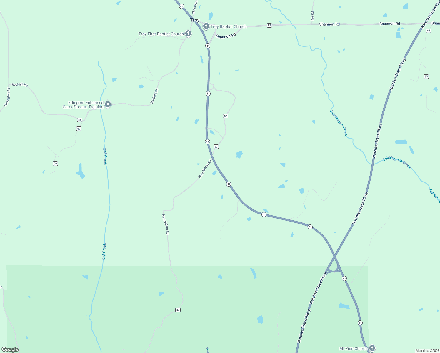 map of restaurants, bars, coffee shops, grocery stores, and more near 11534 Mississippi 41 in Pontotoc