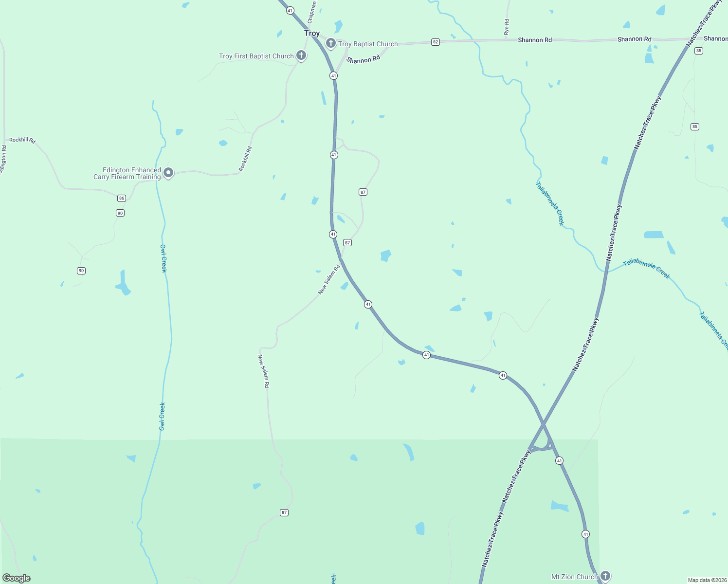 map of restaurants, bars, coffee shops, grocery stores, and more near 11534 Mississippi 41 in Pontotoc