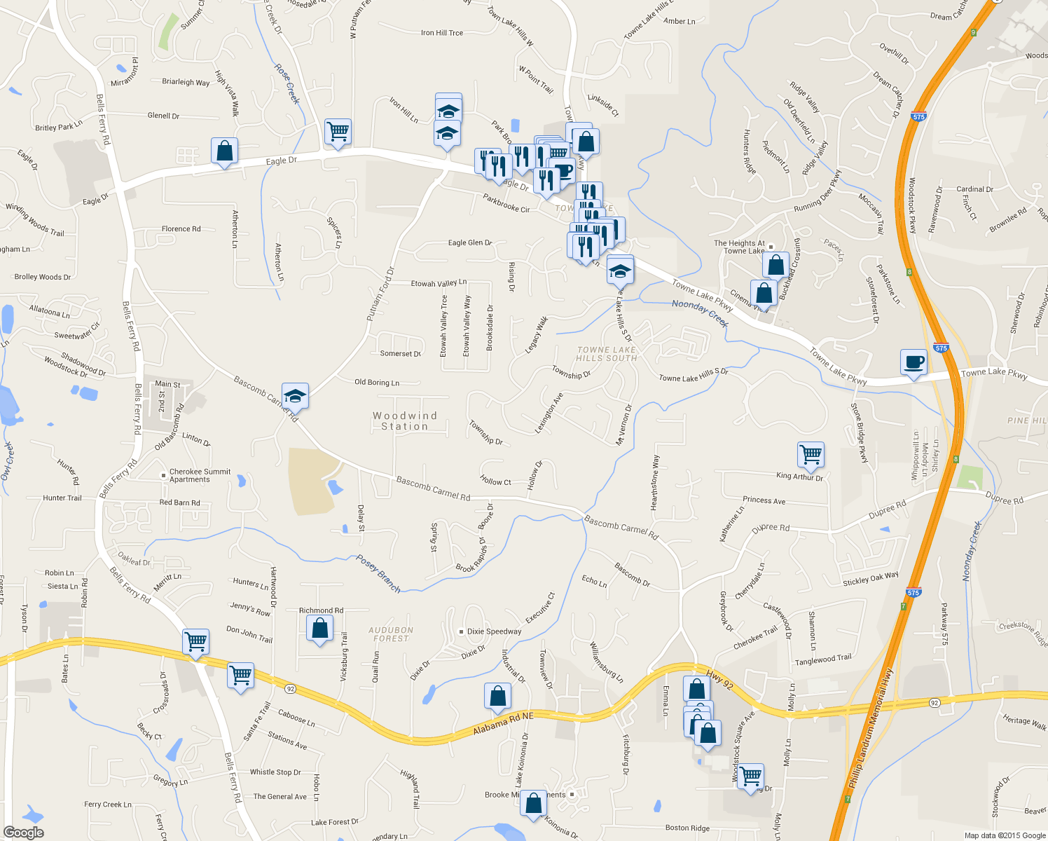 map of restaurants, bars, coffee shops, grocery stores, and more near 604 Lexington Way in Woodstock