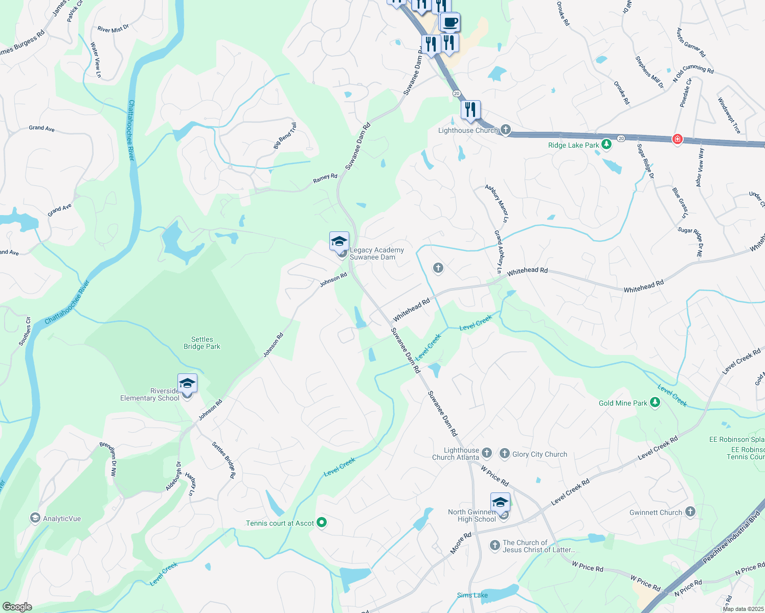 map of restaurants, bars, coffee shops, grocery stores, and more near 20 Daniel Creek Lane Northwest in Sugar Hill