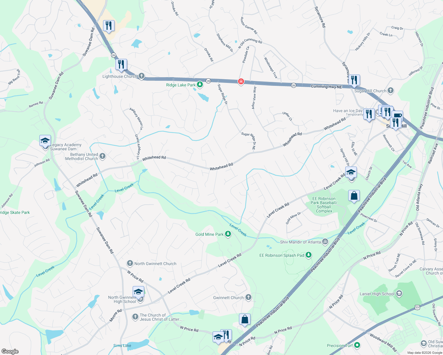 map of restaurants, bars, coffee shops, grocery stores, and more near 5122 Tannenhill Court in Sugar Hill
