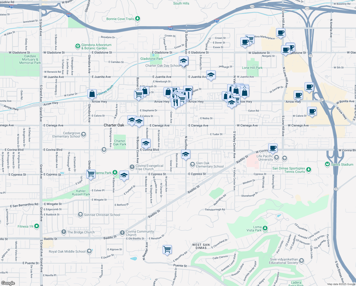 map of restaurants, bars, coffee shops, grocery stores, and more near 1195 North Sunflower Avenue in Covina