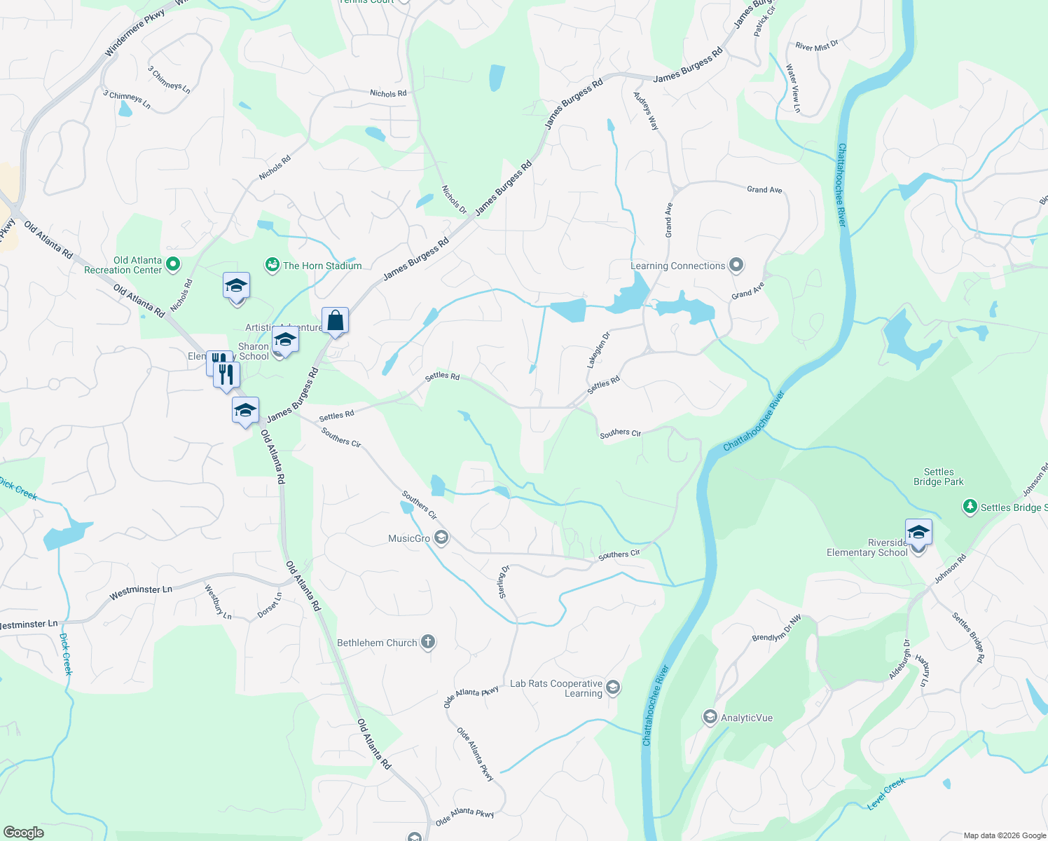 map of restaurants, bars, coffee shops, grocery stores, and more near 970 Cascade Run Ct in Suwanee