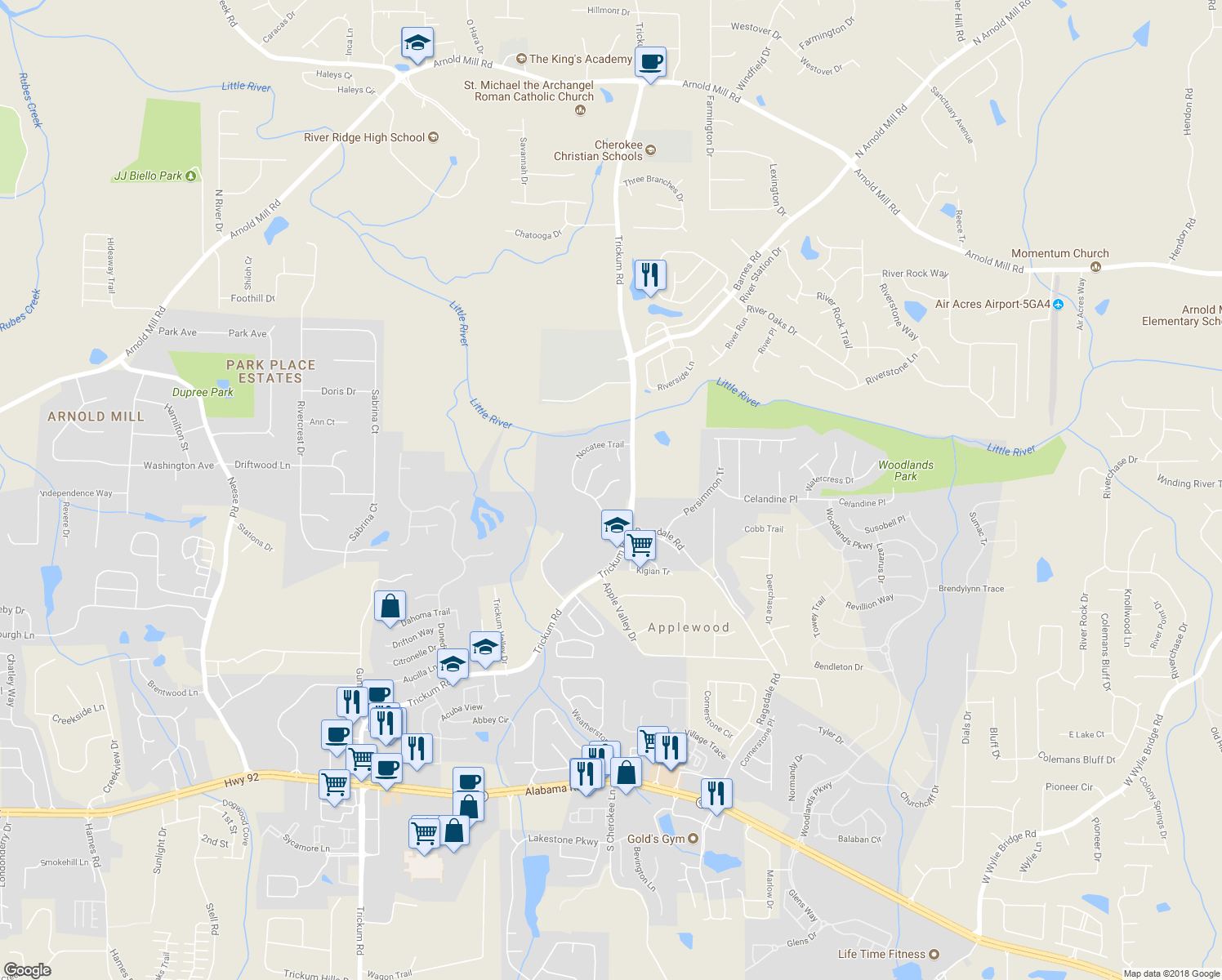 map of restaurants, bars, coffee shops, grocery stores, and more near 406 Islandora Cove in Woodstock