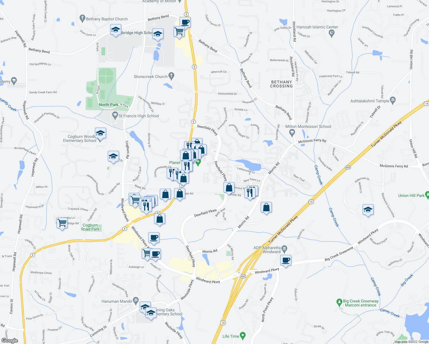 map of restaurants, bars, coffee shops, grocery stores, and more near 1217 Whitshire Way in Alpharetta