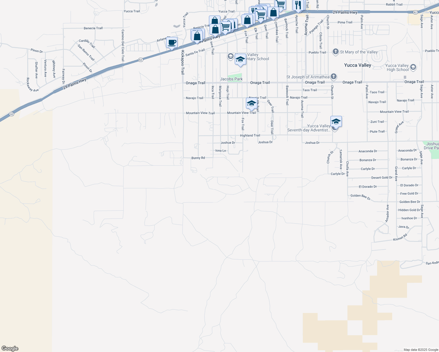 map of restaurants, bars, coffee shops, grocery stores, and more near Desert Gold Drive in Yucca Valley