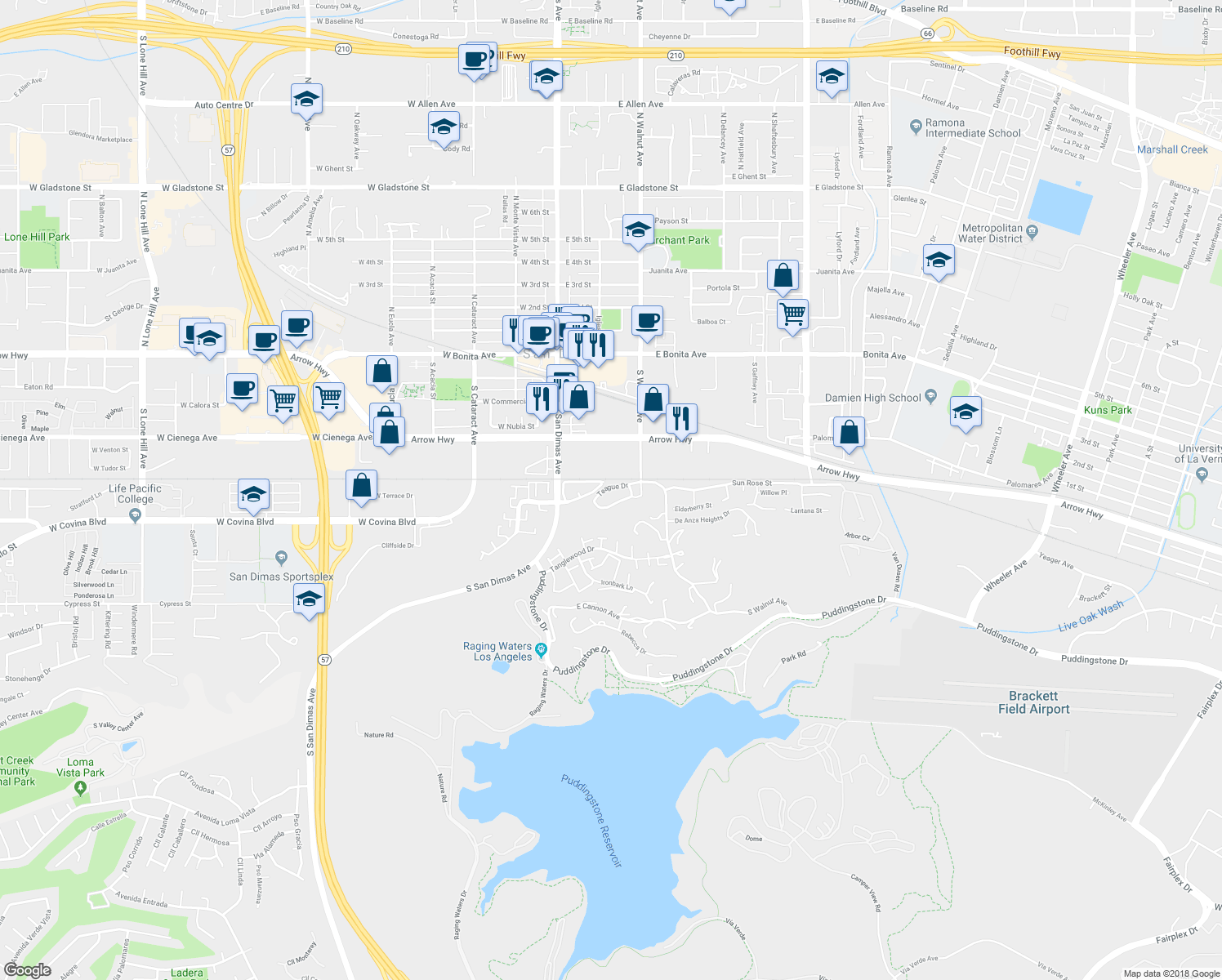 map of restaurants, bars, coffee shops, grocery stores, and more near 252 Teague Drive in San Dimas