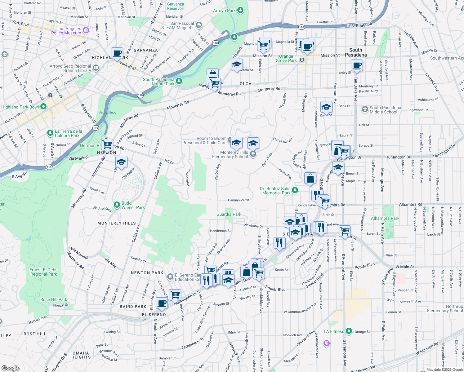 map of restaurants, bars, coffee shops, grocery stores, and more near 443 La Terraza Street in South Pasadena