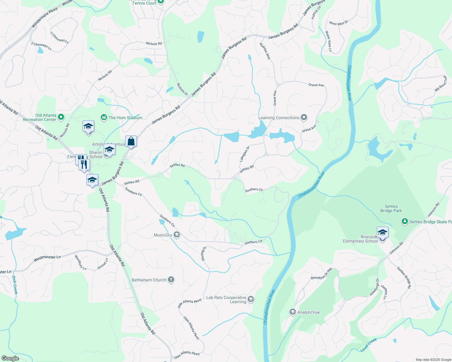 map of restaurants, bars, coffee shops, grocery stores, and more near 1065 Cascade Run Court in Suwanee