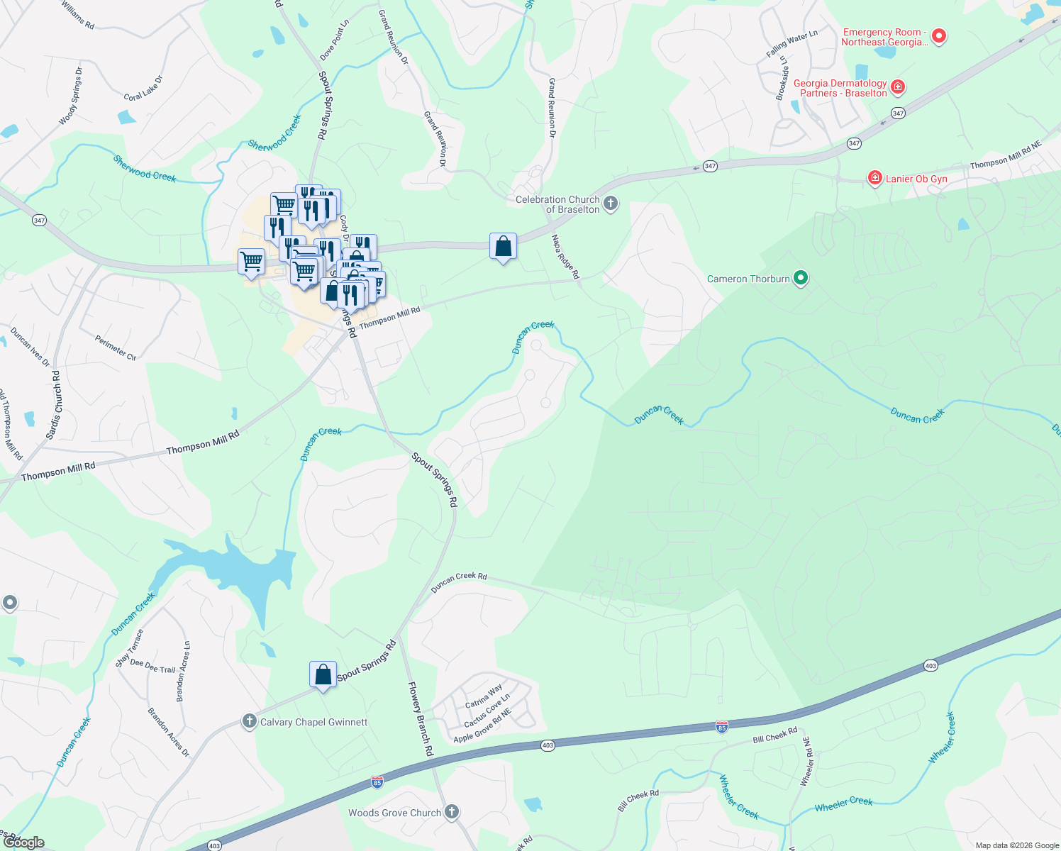 map of restaurants, bars, coffee shops, grocery stores, and more near in Braselton