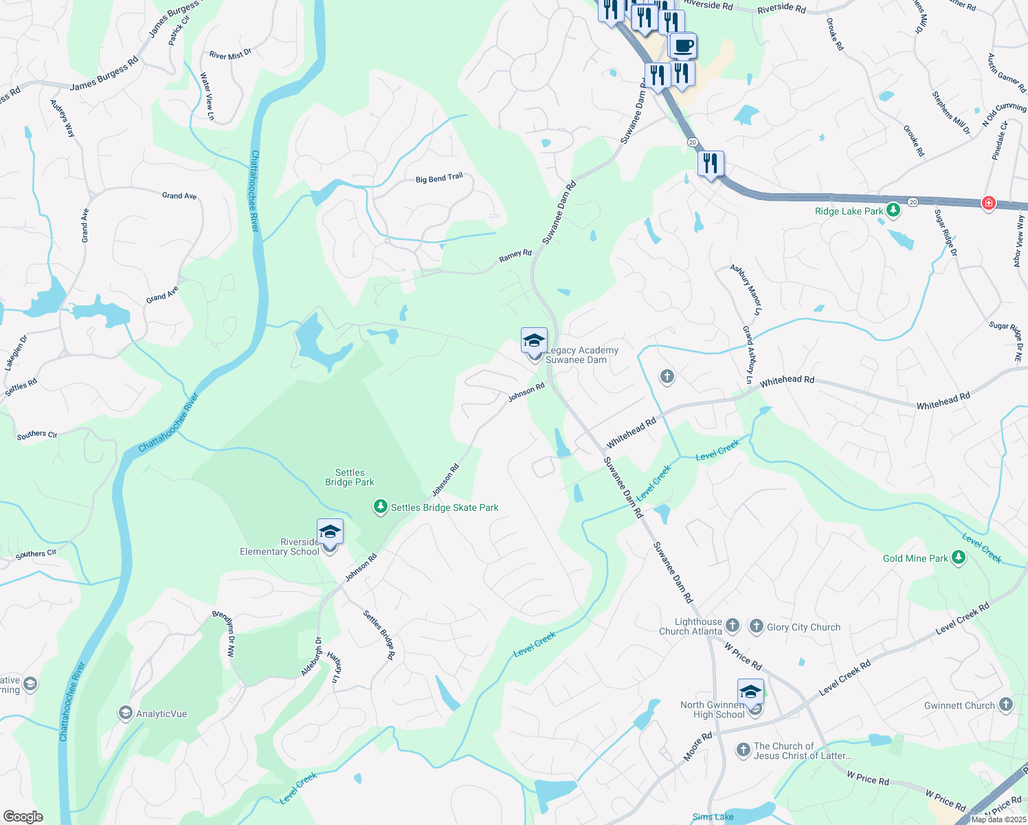 map of restaurants, bars, coffee shops, grocery stores, and more near 60 Johnson Road in Suwanee