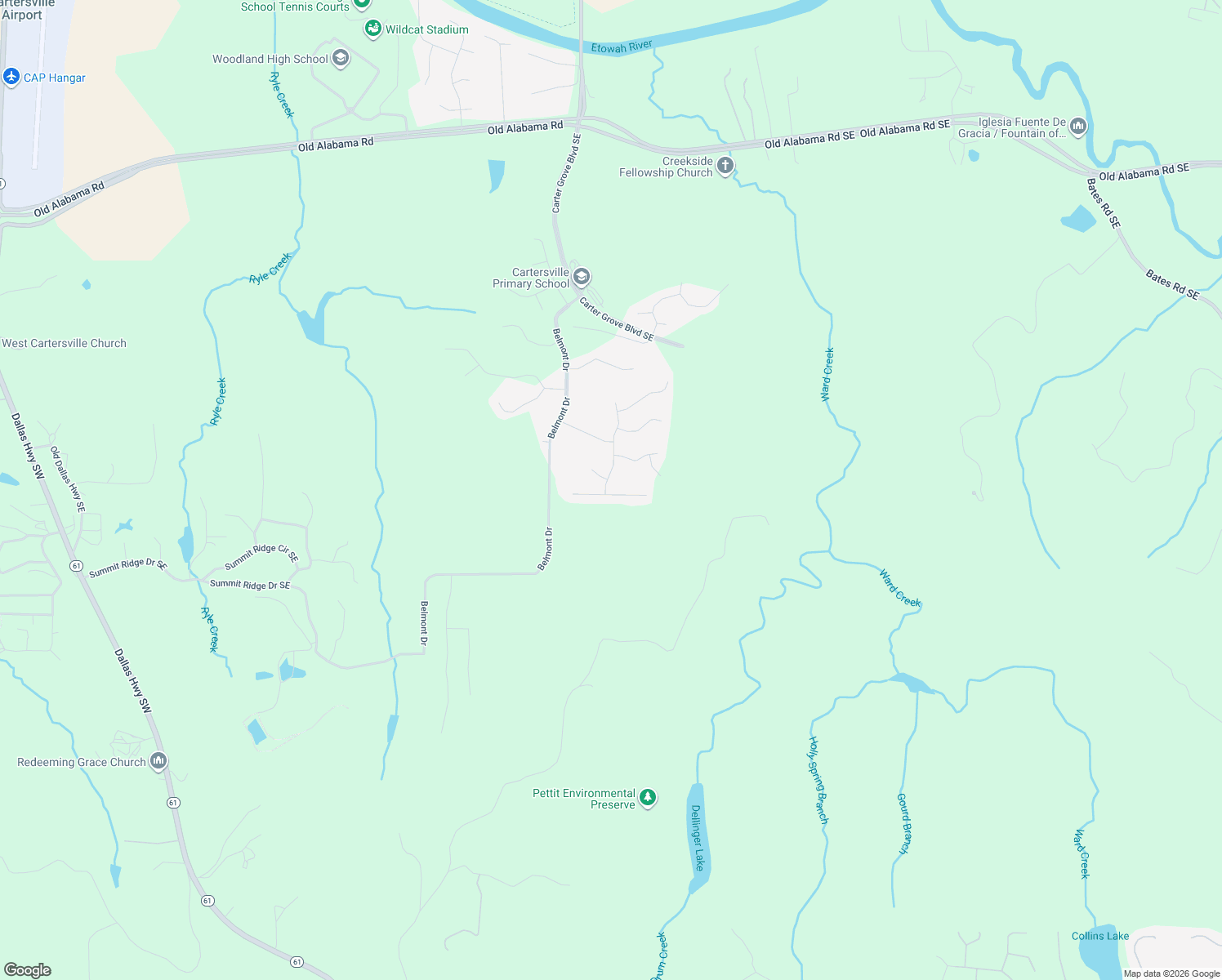 map of restaurants, bars, coffee shops, grocery stores, and more near 20 Greystone Way Southeast in Cartersville