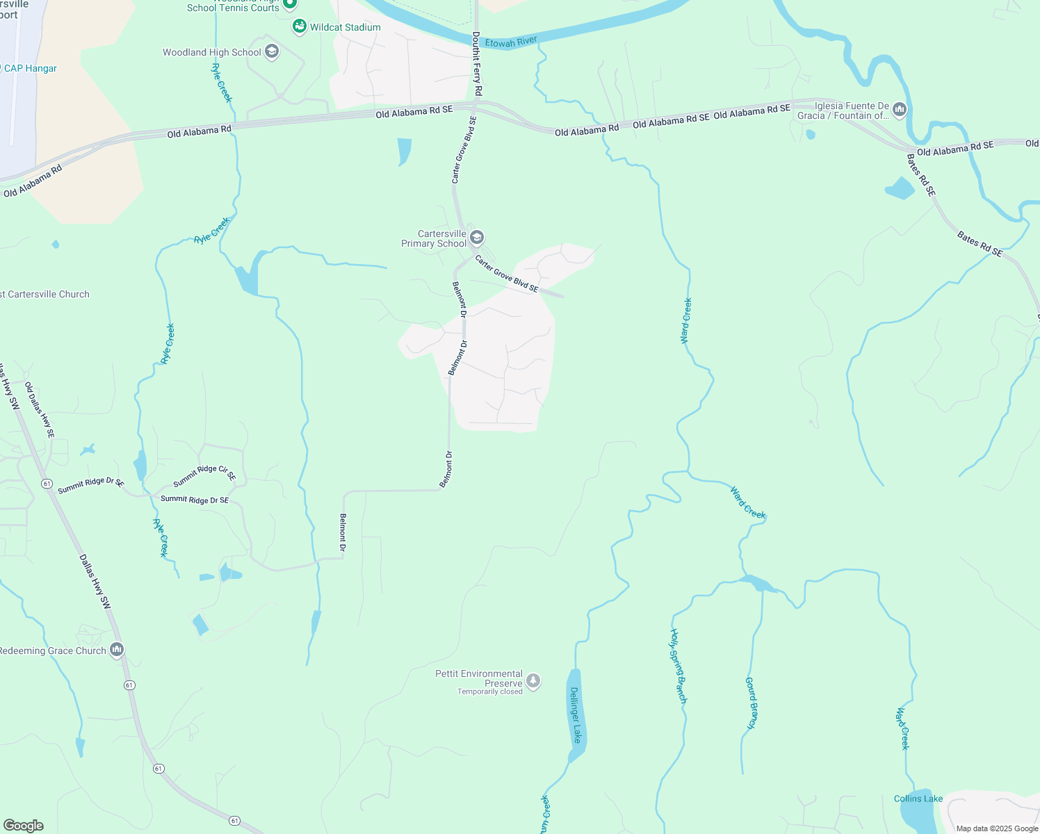 map of restaurants, bars, coffee shops, grocery stores, and more near 26 Greystone Way Southeast in Cartersville