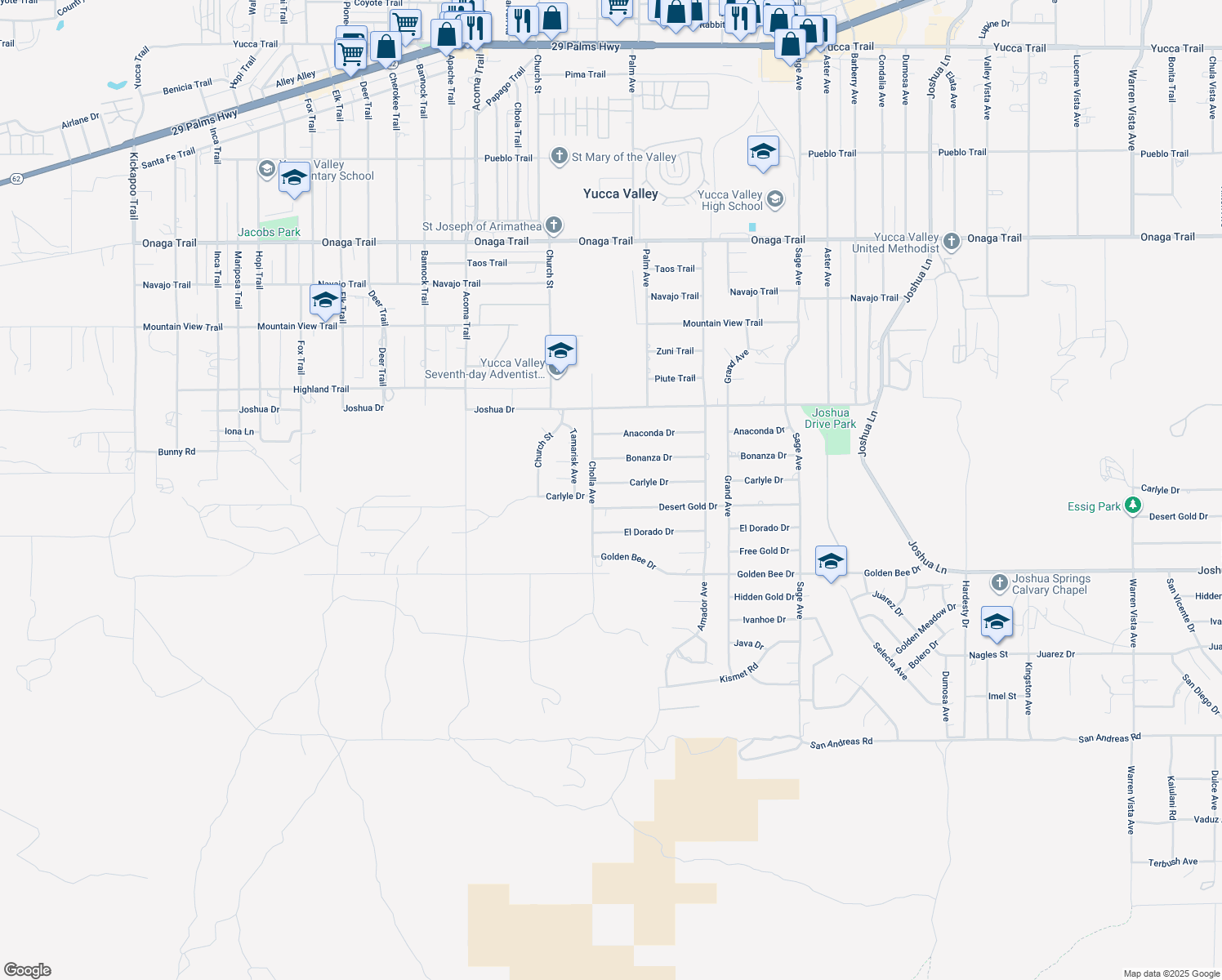 map of restaurants, bars, coffee shops, grocery stores, and more near 56455 Carlyle Dr in Yucca Valley