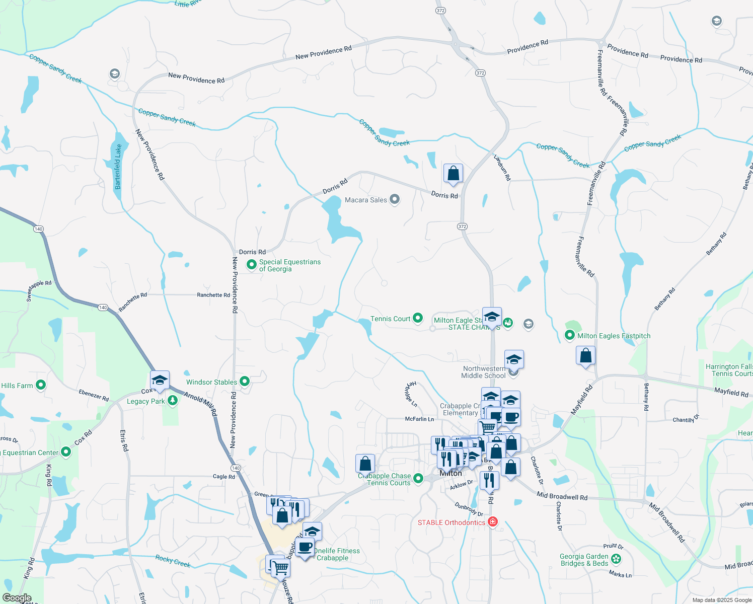 map of restaurants, bars, coffee shops, grocery stores, and more near 775 Owens Lake Road in Alpharetta
