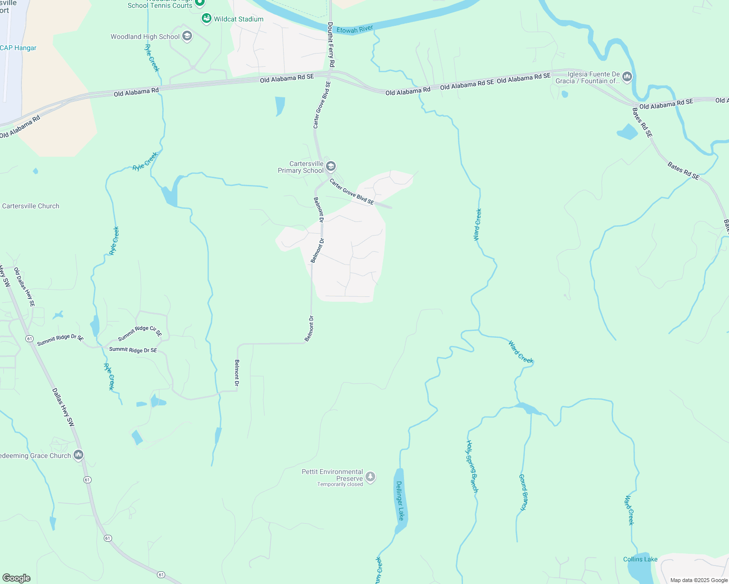 map of restaurants, bars, coffee shops, grocery stores, and more near 28 Greystone Way Southeast in Cartersville
