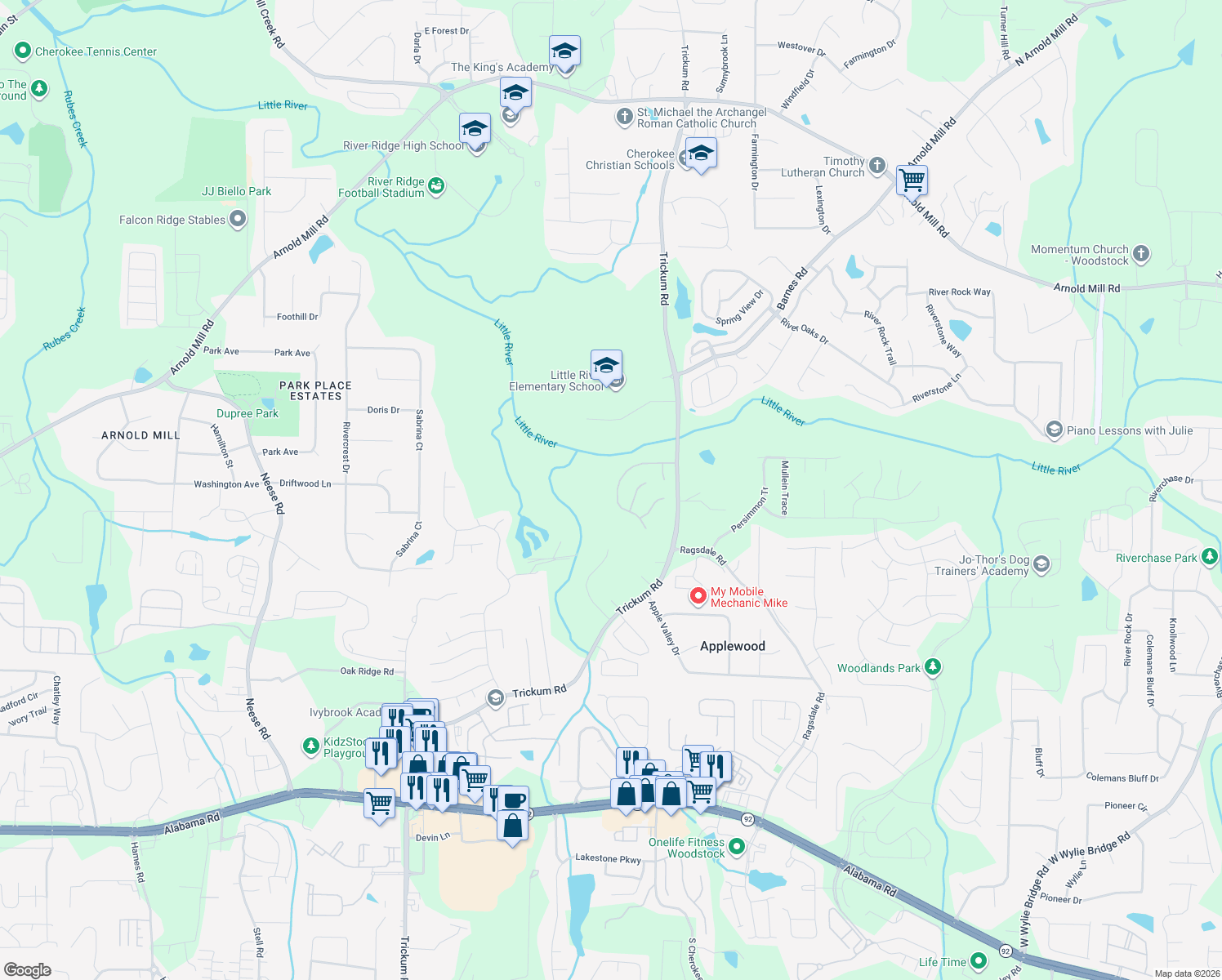 map of restaurants, bars, coffee shops, grocery stores, and more near 136 Nocatee Trail in Woodstock