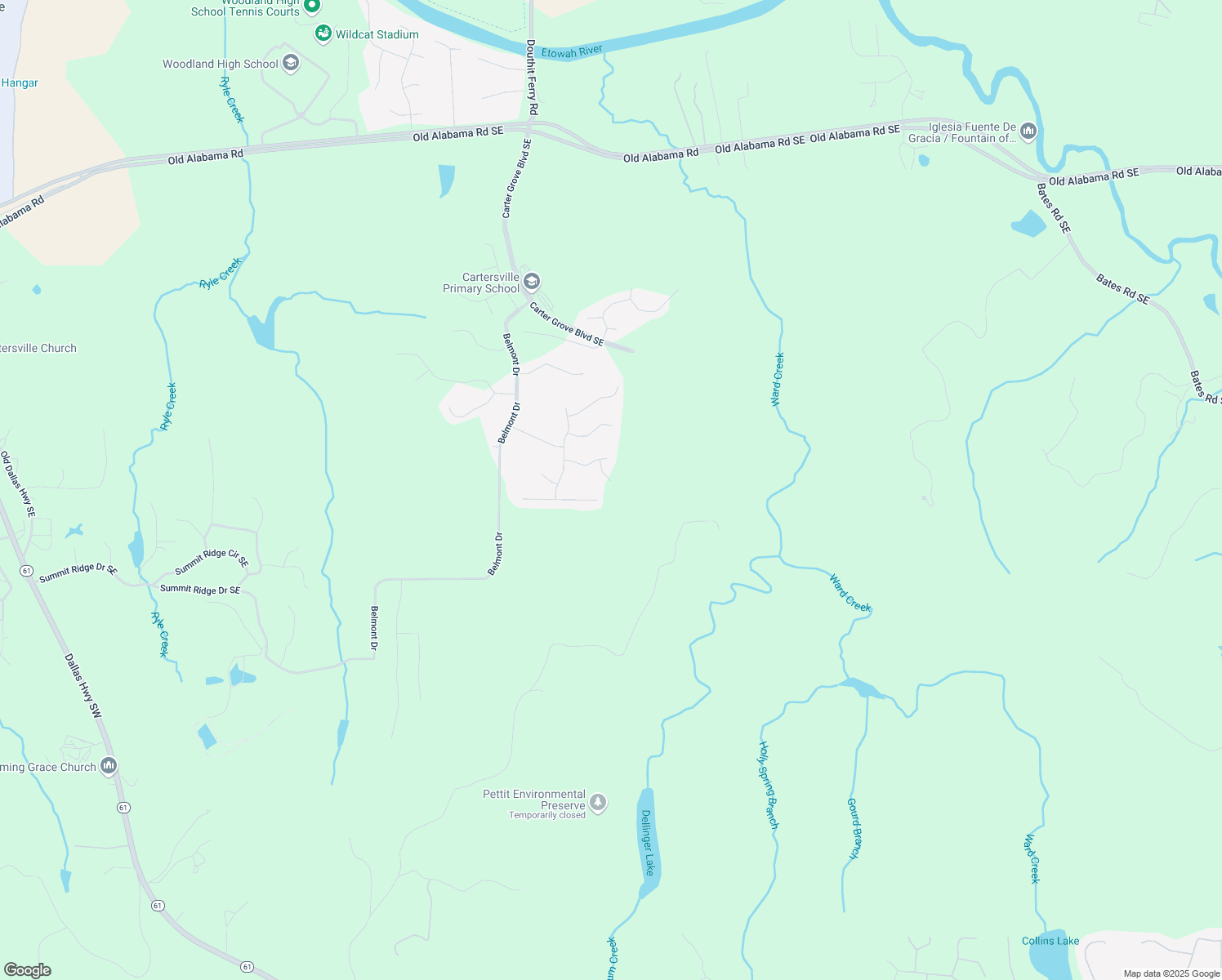 map of restaurants, bars, coffee shops, grocery stores, and more near 11 Bluff Court in Cartersville