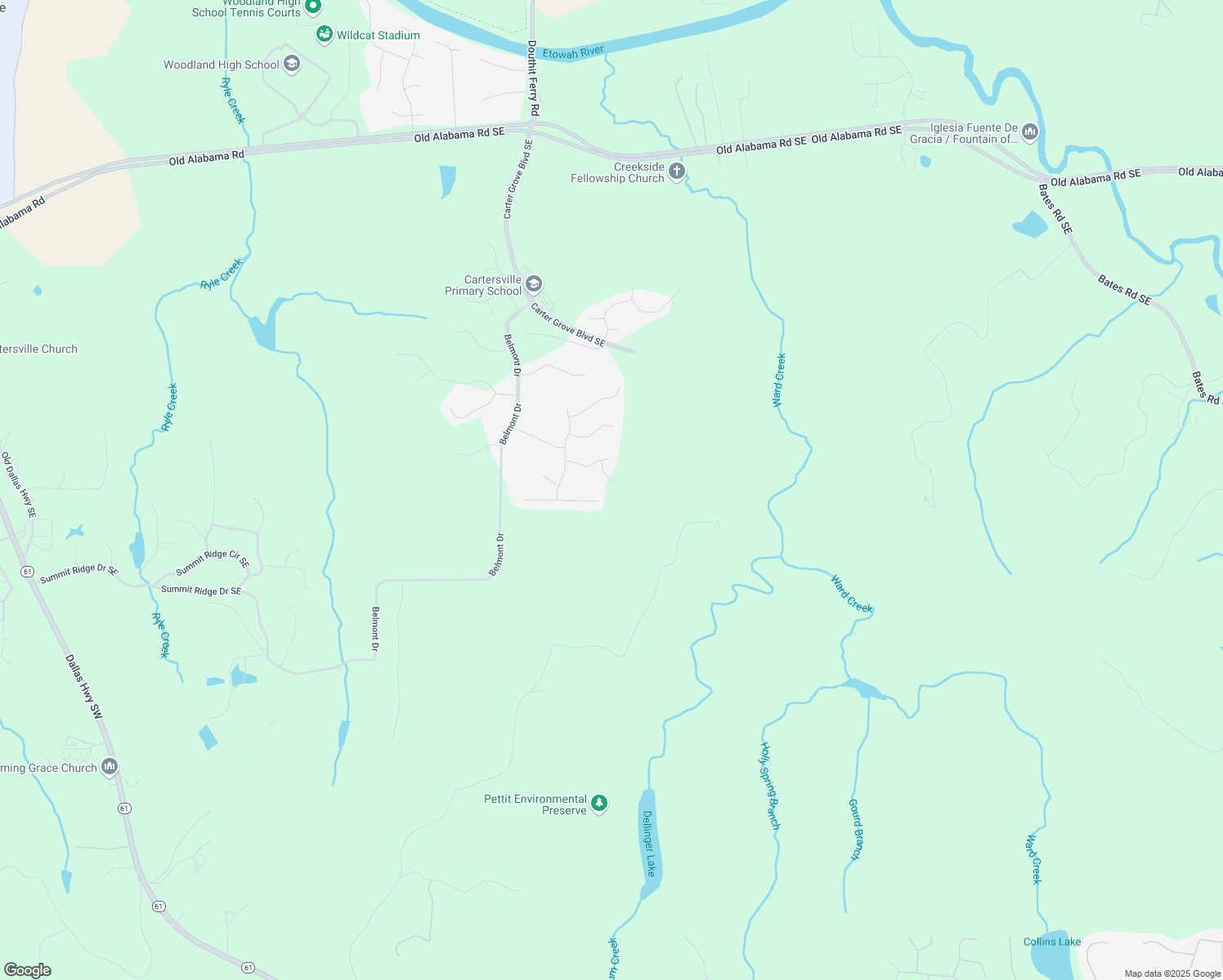 map of restaurants, bars, coffee shops, grocery stores, and more near 11 Bluff Court in Cartersville