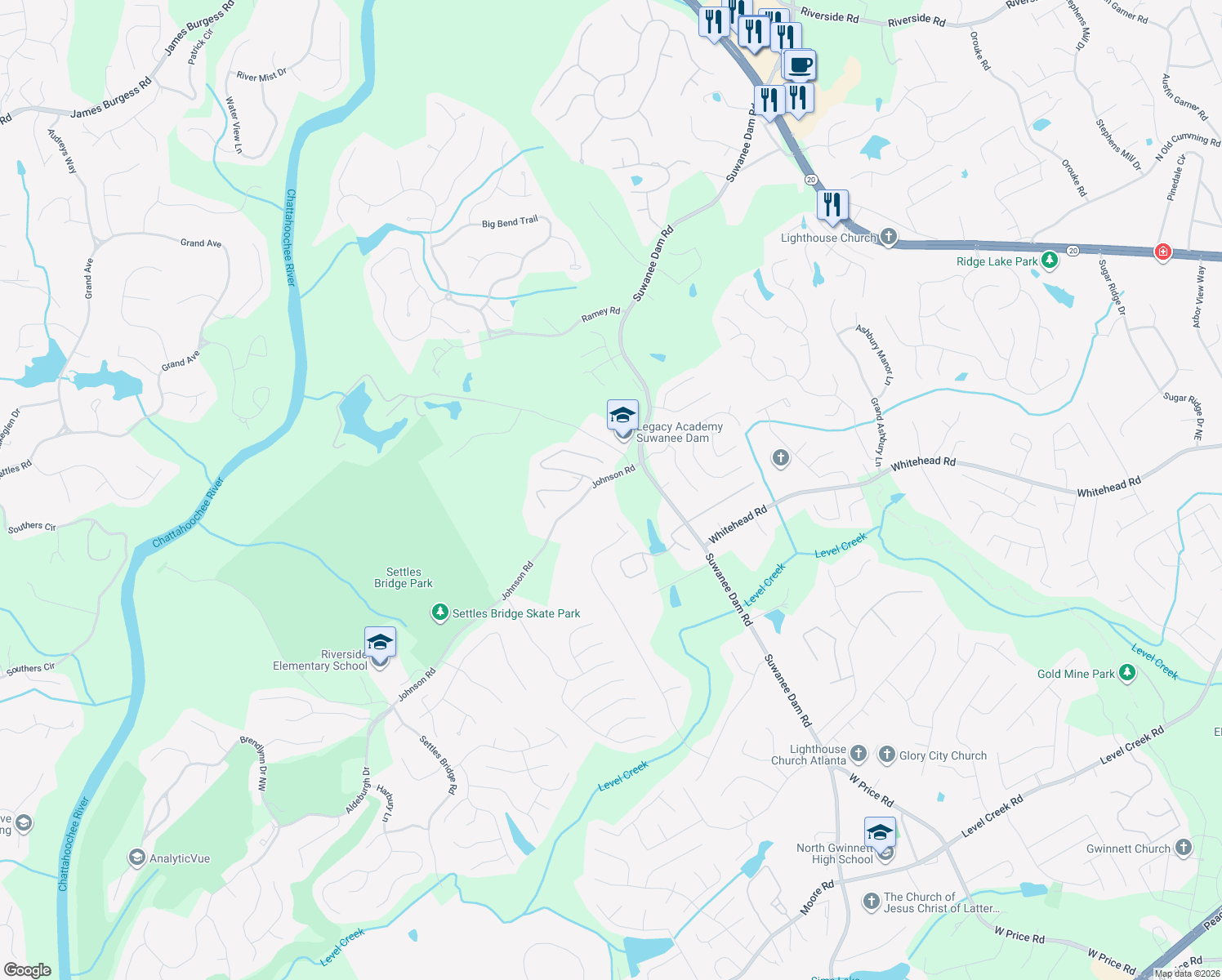 map of restaurants, bars, coffee shops, grocery stores, and more near 40 Johnson Road in Suwanee