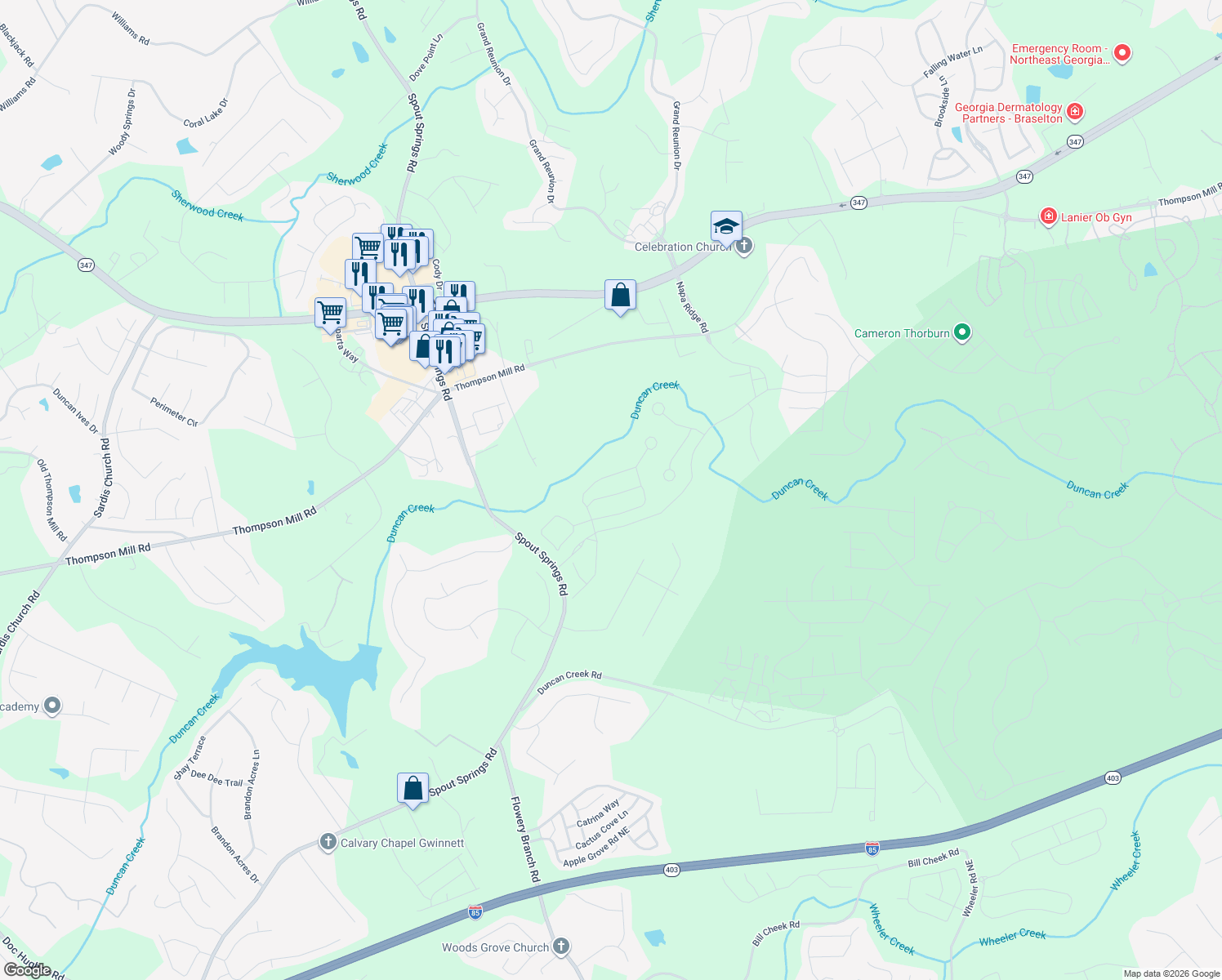 map of restaurants, bars, coffee shops, grocery stores, and more near in Braselton