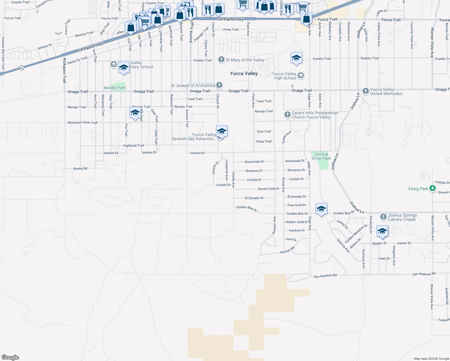 map of restaurants, bars, coffee shops, grocery stores, and more near 56363 Tamarisk Place in Yucca Valley