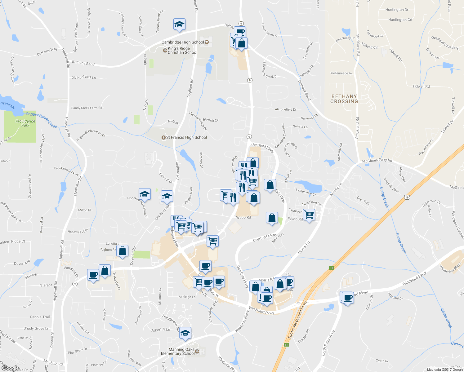 map of restaurants, bars, coffee shops, grocery stores, and more near 2980 Commonwealth Cir in Alpharetta