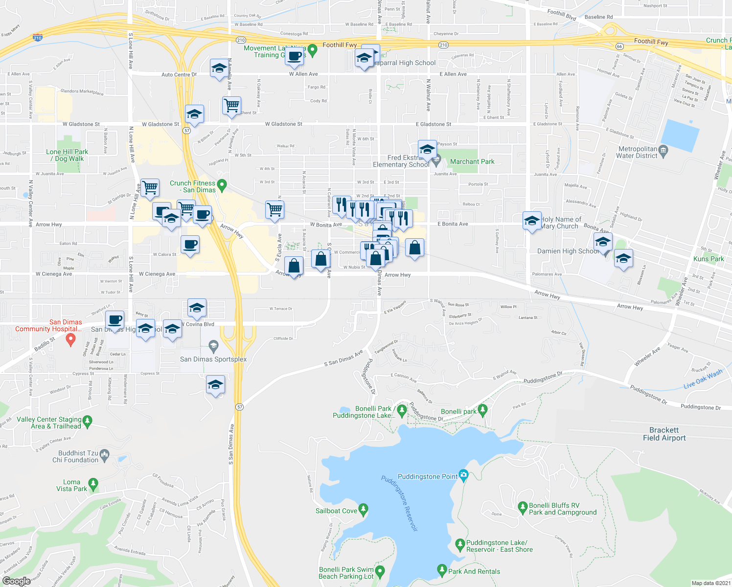 map of restaurants, bars, coffee shops, grocery stores, and more near 503 San Lucas Court in San Dimas