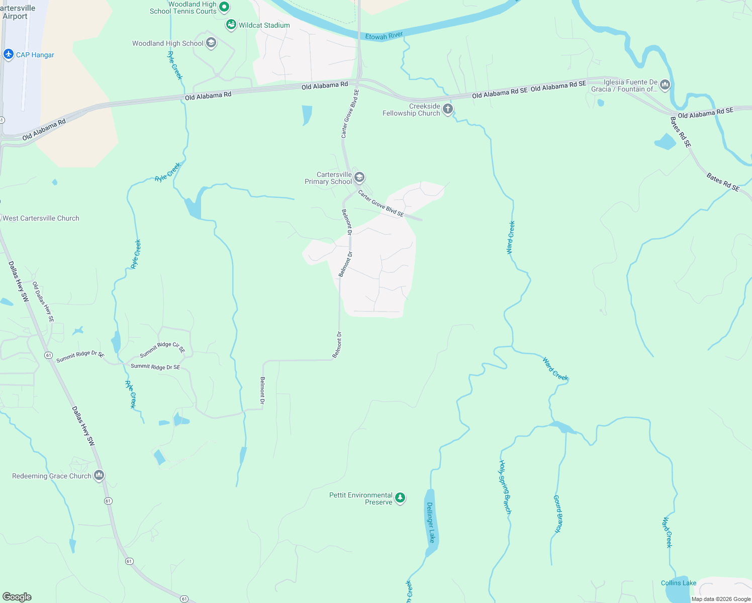 map of restaurants, bars, coffee shops, grocery stores, and more near 20 Greystone Way Southeast in Cartersville