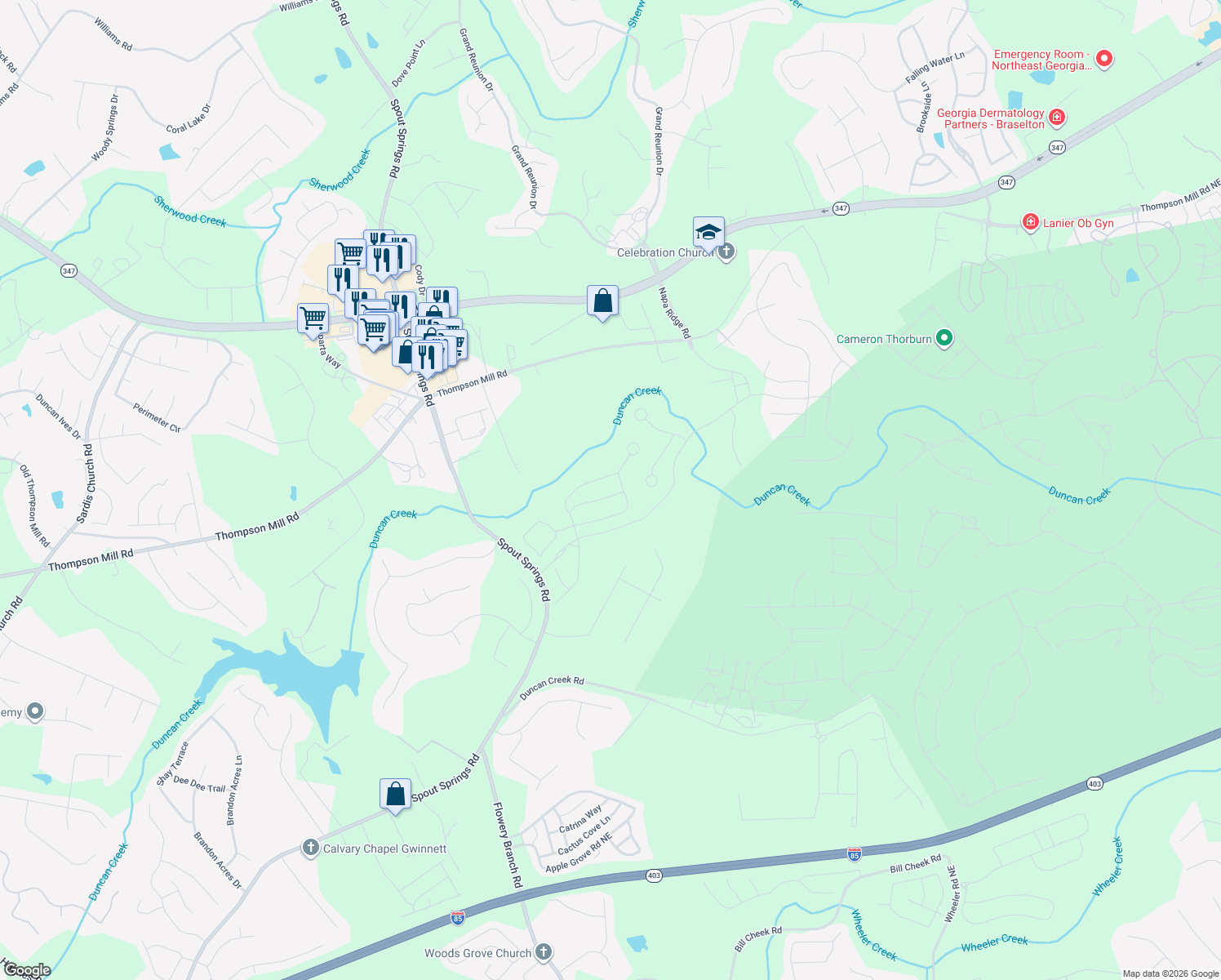 map of restaurants, bars, coffee shops, grocery stores, and more near in Braselton