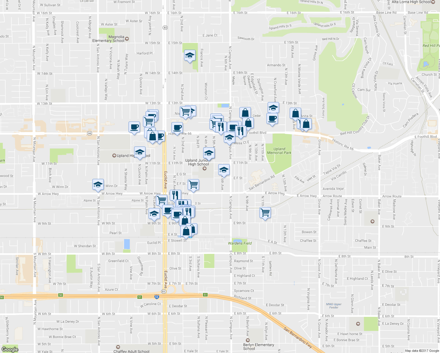 map of restaurants, bars, coffee shops, grocery stores, and more near 609 North 6th Avenue in Upland