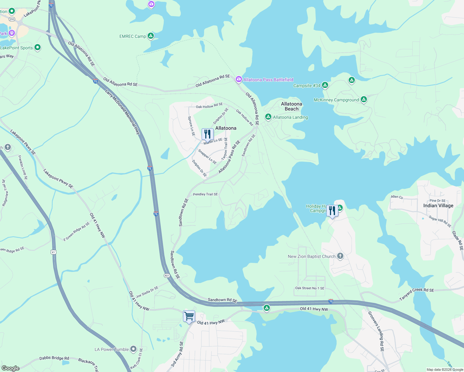 map of restaurants, bars, coffee shops, grocery stores, and more near 503 Martin Road Southwest in Cartersville