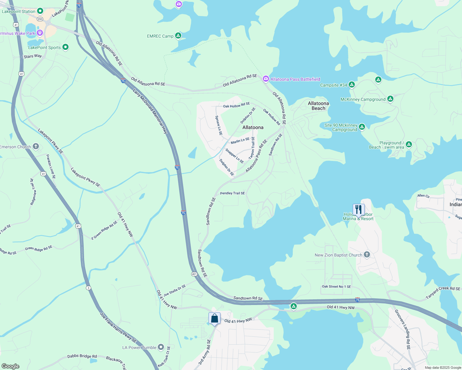 map of restaurants, bars, coffee shops, grocery stores, and more near 376 Sandtown Road Southeast in Cartersville