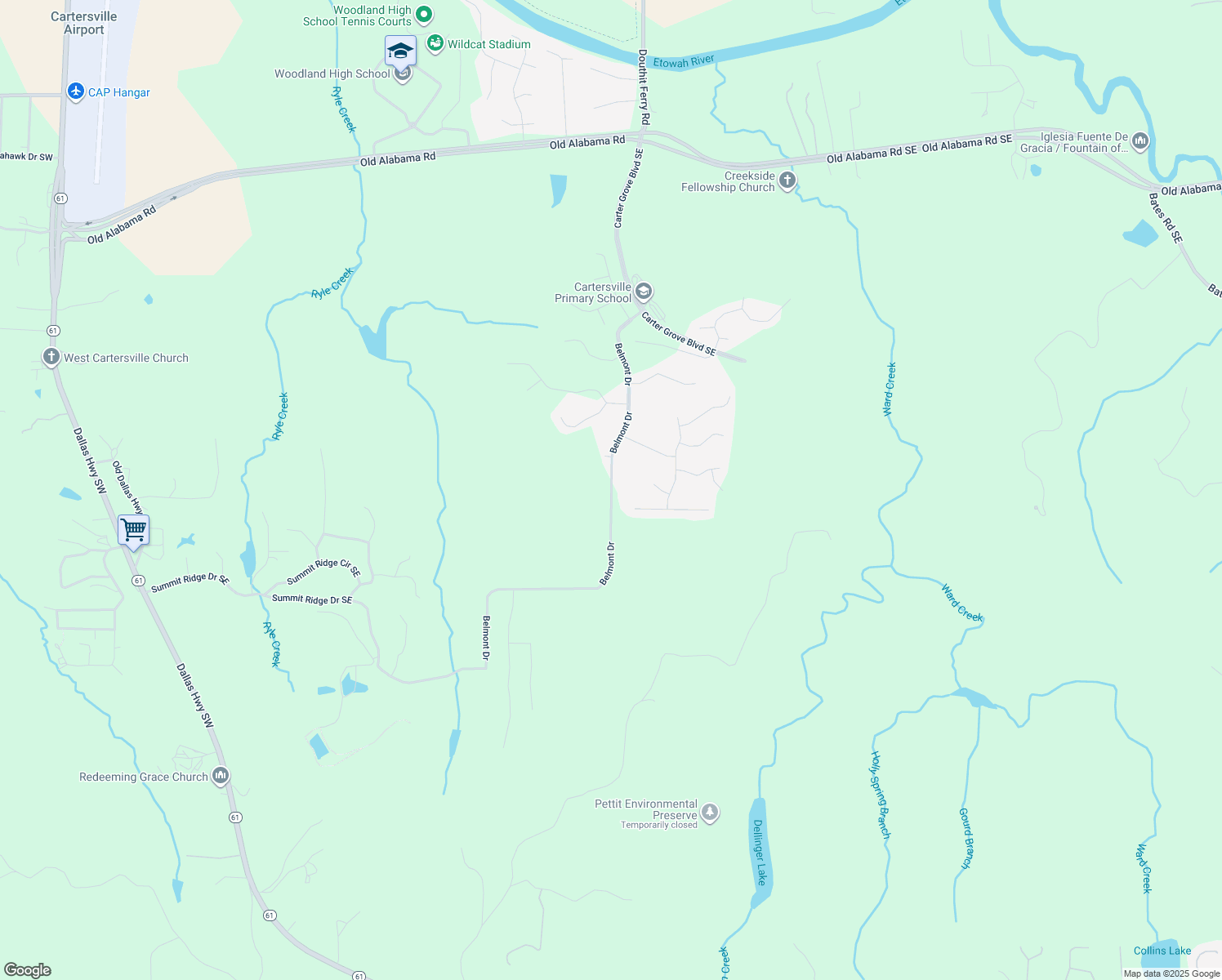 map of restaurants, bars, coffee shops, grocery stores, and more near Belmont Drive in Cartersville
