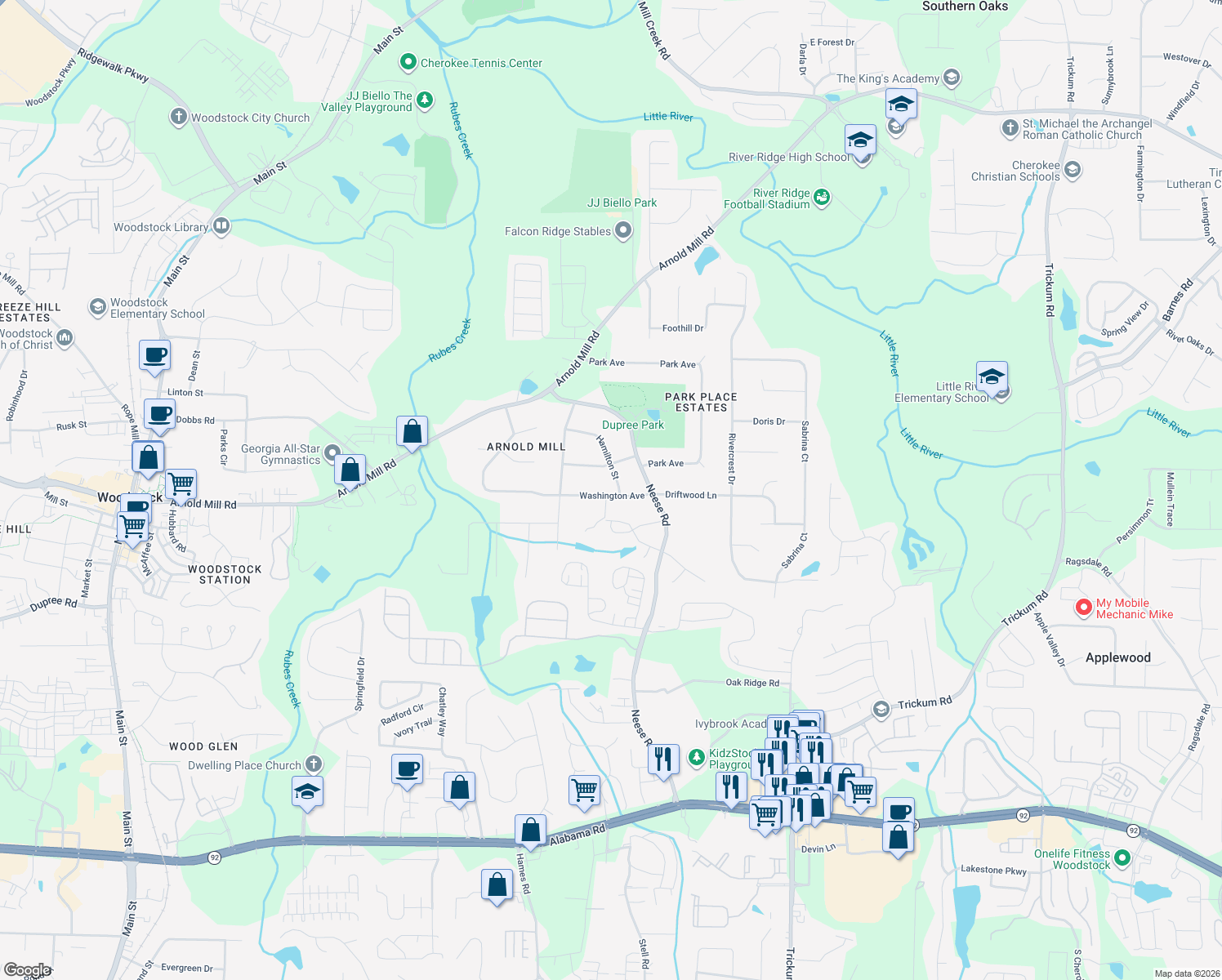 map of restaurants, bars, coffee shops, grocery stores, and more near 1115 Washington Avenue in Woodstock