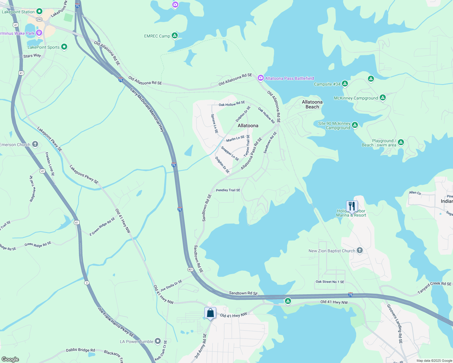 map of restaurants, bars, coffee shops, grocery stores, and more near 376 Sandtown Road Southeast in Cartersville